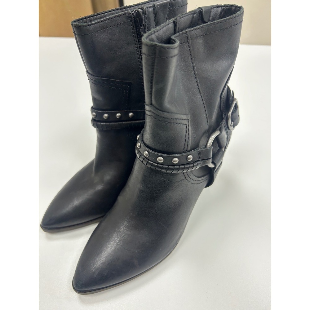 Lucky Brand Black Leather Point Toe Moto Ankle Boots Studded Harness Buckle Y2K